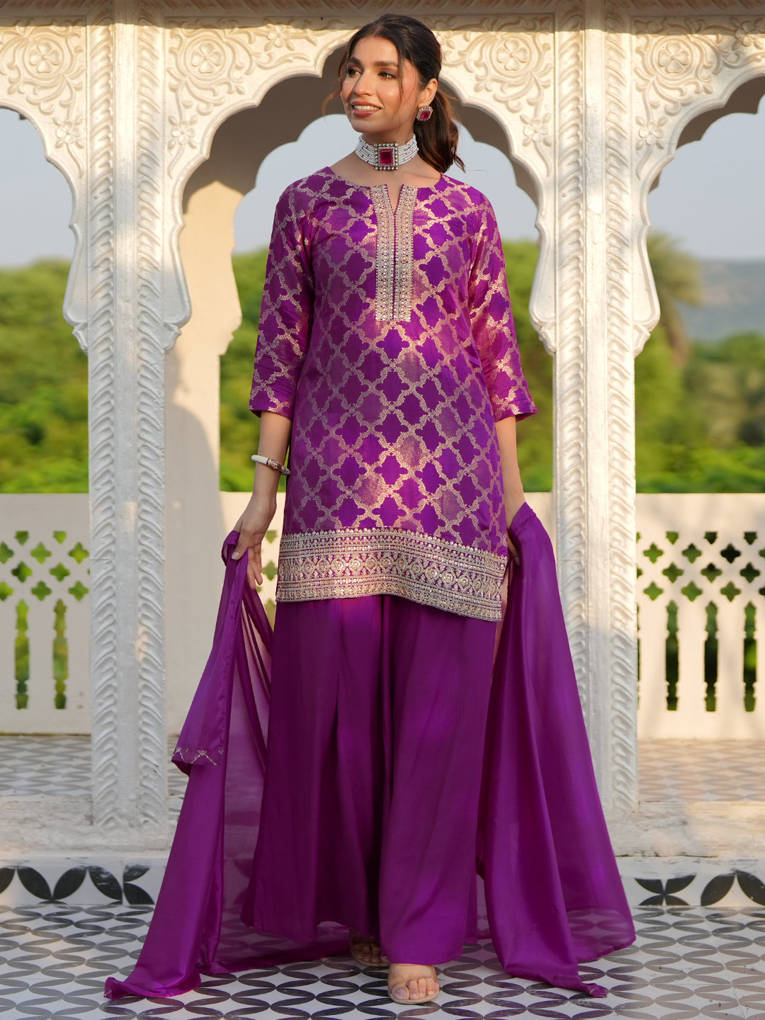 Magenta Woven Design Silk Blend Straight Suit With Dupatta