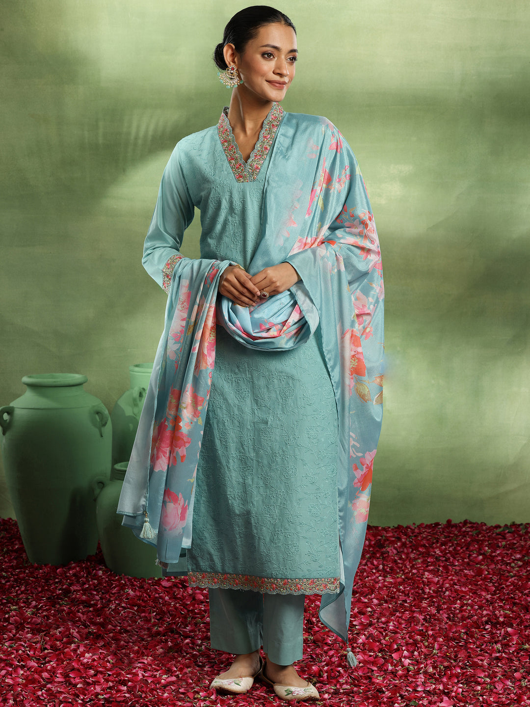  Sea Green Embroidered Cotton Straight Suit With Dupatta 