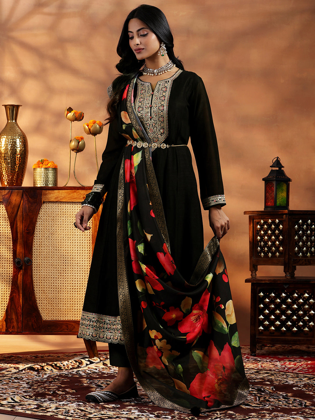  Black Yoke Design Silk Blend A-Line Kurta With Trousers & Dupatta 