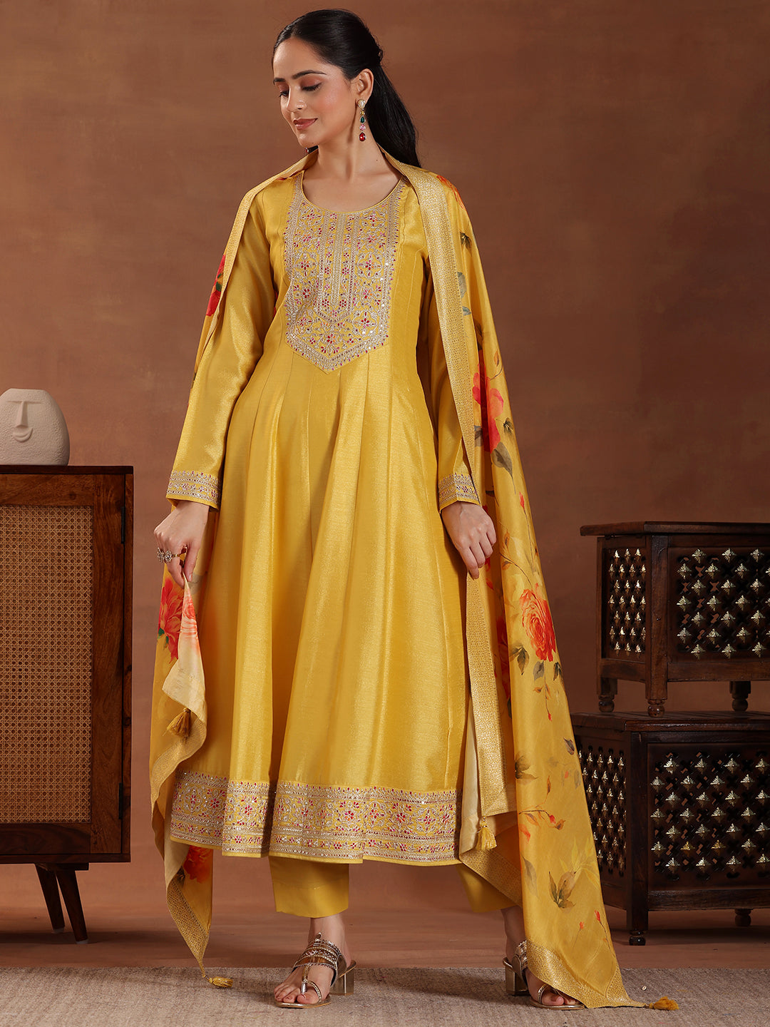  Yellow Yoke Design Silk Blend A-Line Kurta With Trousers & Dupatta 