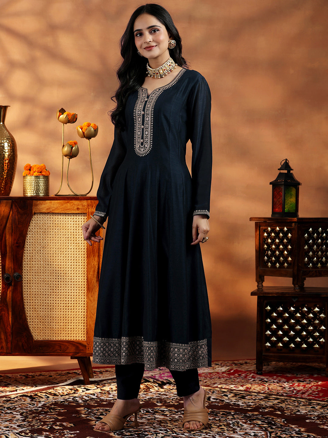  Blue Yoke Design Silk Blend A-Line Kurta With Trousers & Dupatta 