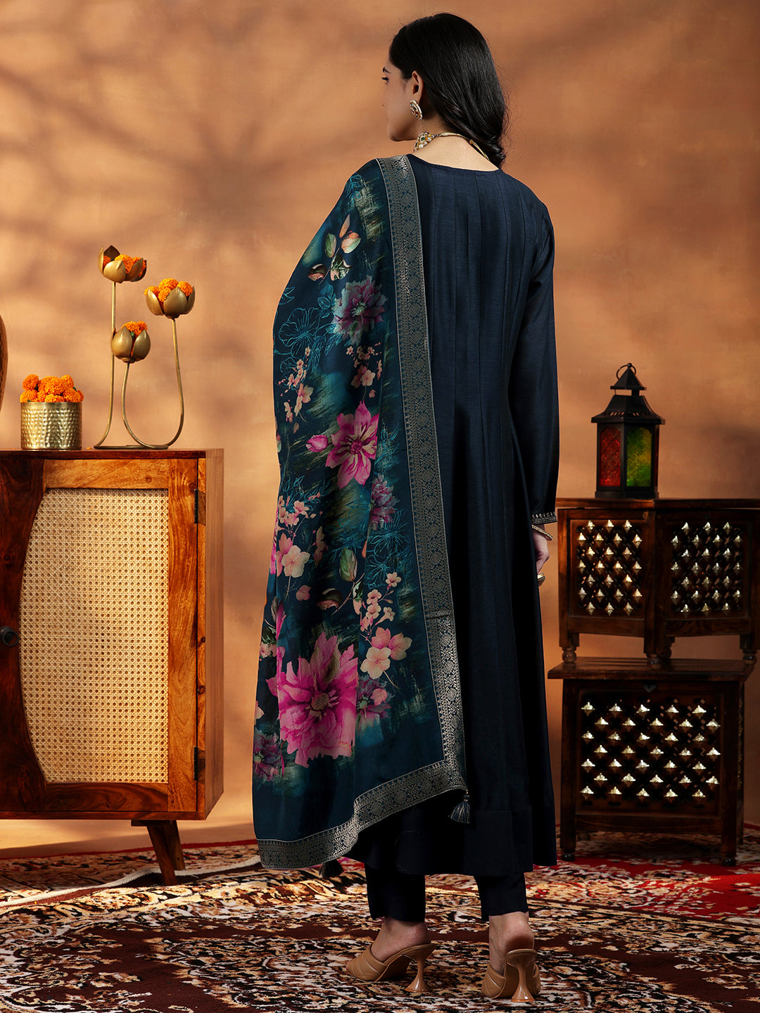  Blue Yoke Design Silk Blend A-Line Kurta With Trousers & Dupatta 