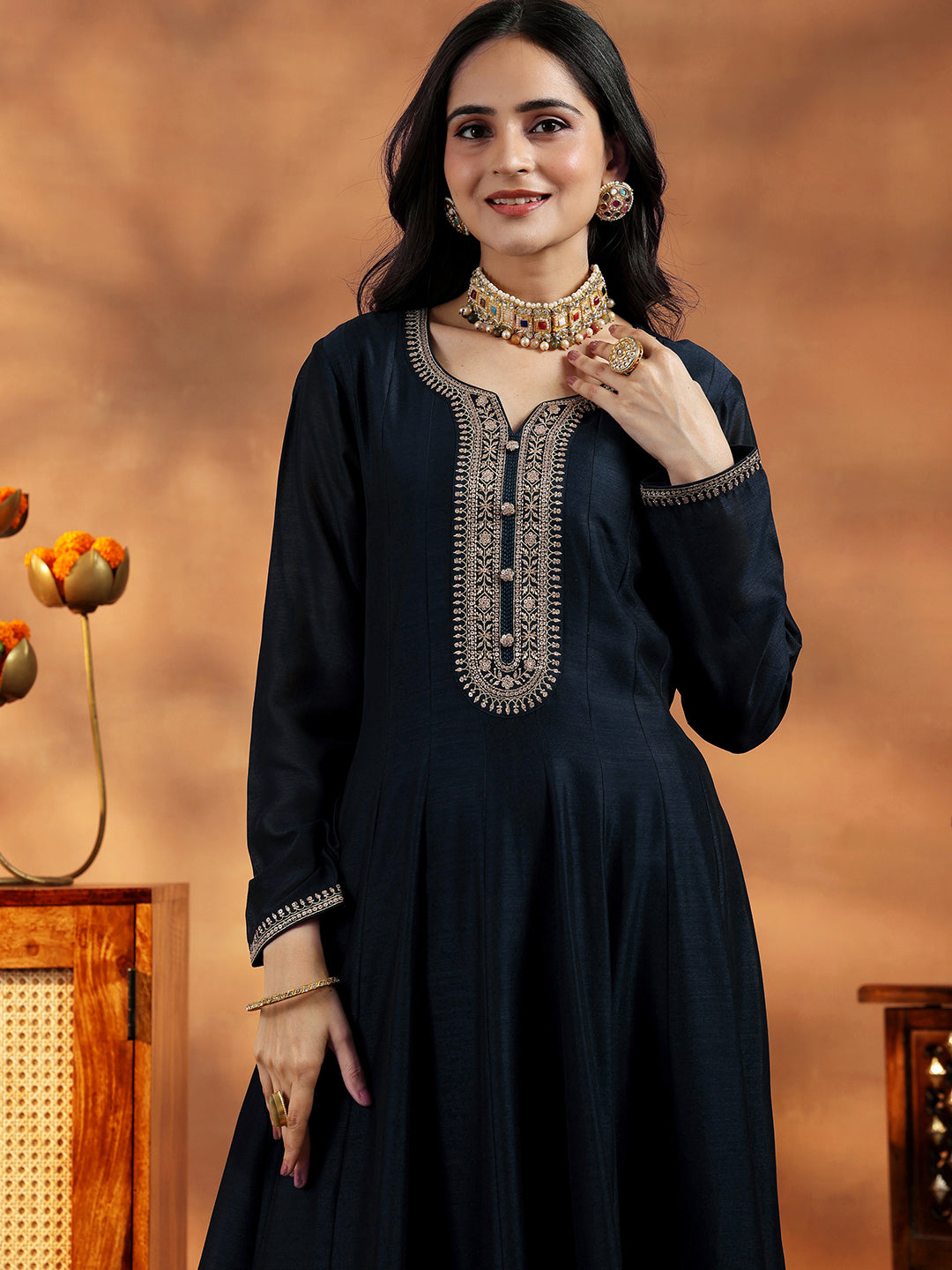  Blue Yoke Design Silk Blend A-Line Kurta With Trousers & Dupatta 