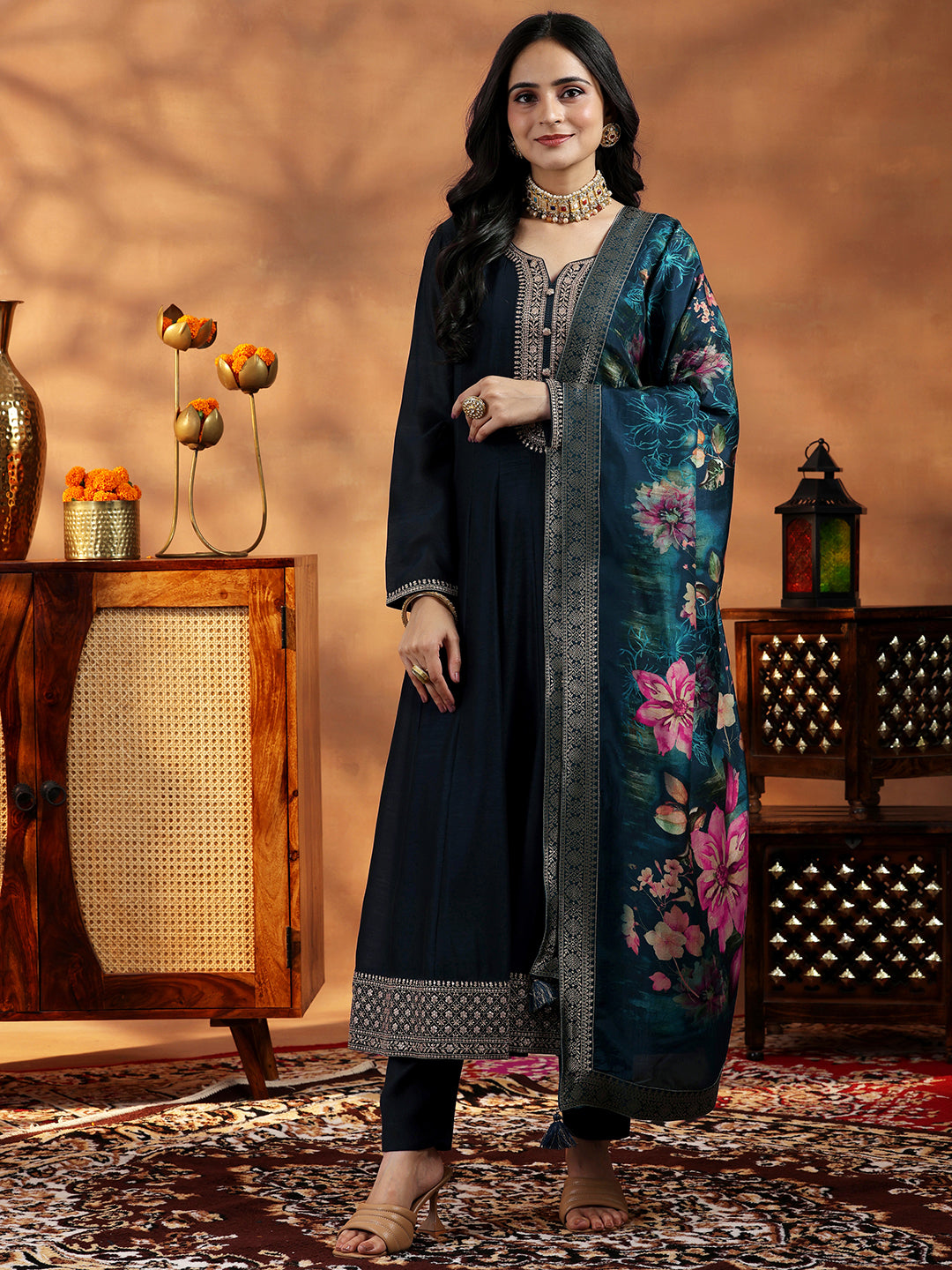  Blue Yoke Design Silk Blend A-Line Kurta With Trousers & Dupatta 