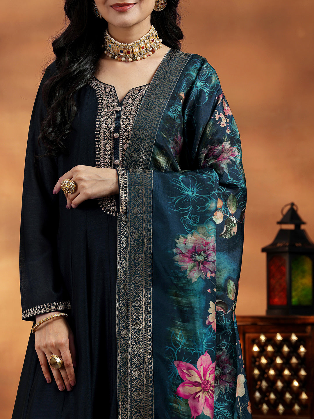  Blue Yoke Design Silk Blend A-Line Kurta With Trousers & Dupatta 