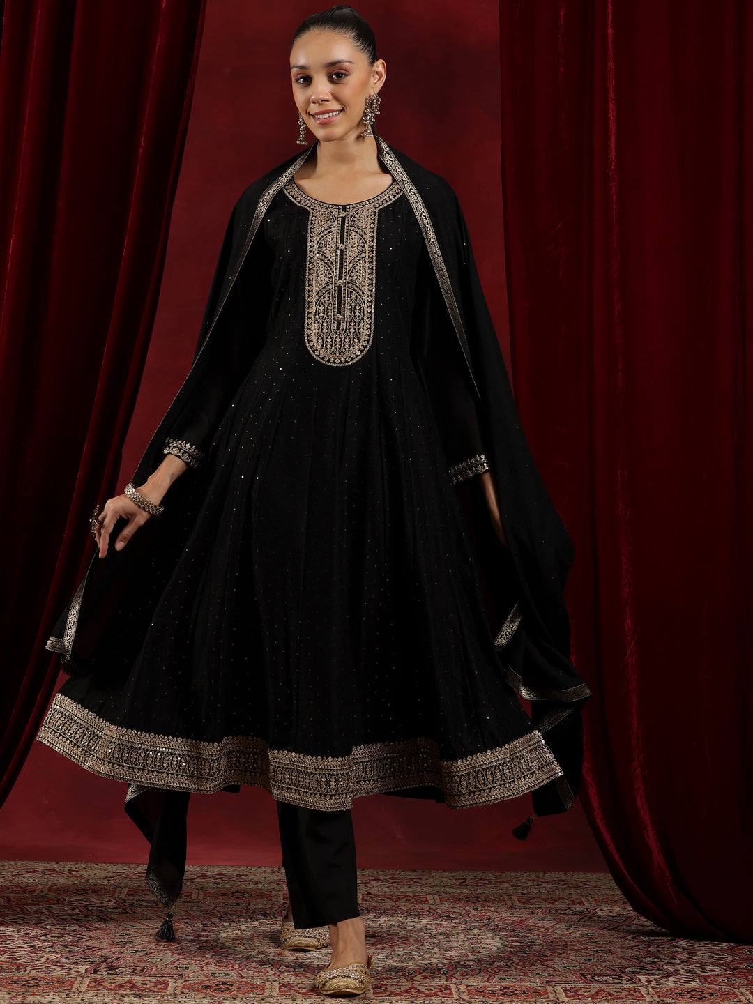  Libas Art Black Embroidered Silk Blend A-Line Kurta With Trousers & Dupatta 