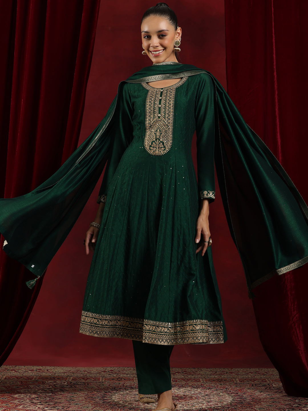 Libas Art Green Embroidered Silk Blend A-Line Kurta With Trousers & Dupatta