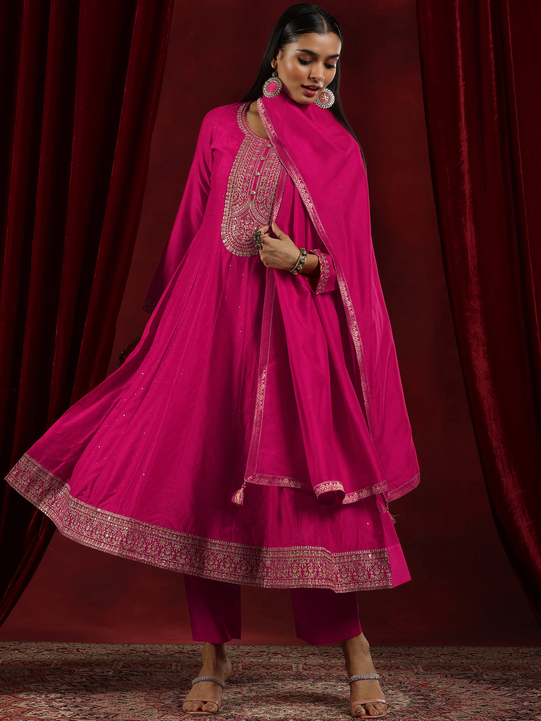  Libas Art Pink Embroidered Silk Blend A-Line Kurta With Trousers & Dupatta 