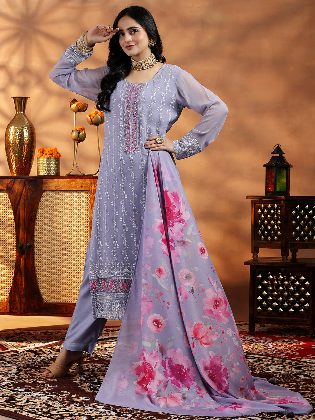 Lilac Embroidered Georgette Straight Suit With Dupatta