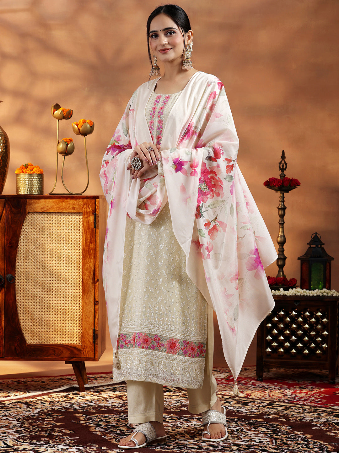 Cream Embroidered Georgette Straight Suit With Dupatta