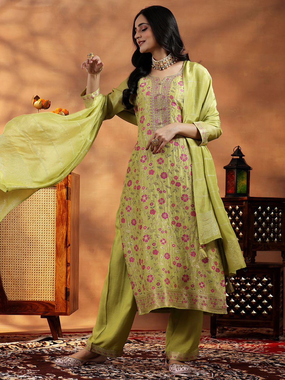 Green Woven Design Silk Blend Straight Suit With Dupatta