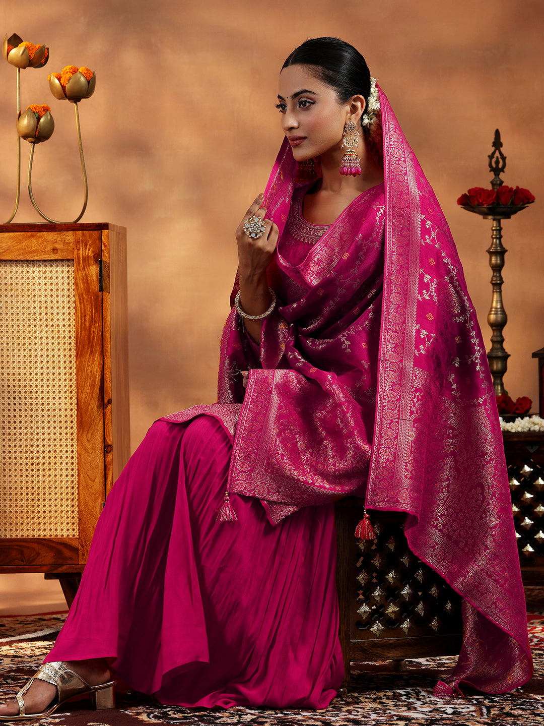 Pink Woven Design Silk Blend Straight Suit With Dupatta