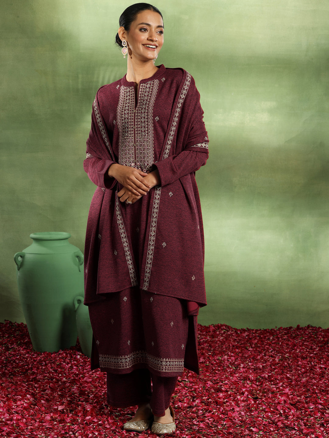 Red Embroidered Wool Blend Straight Suit With Dupatta-wrong color