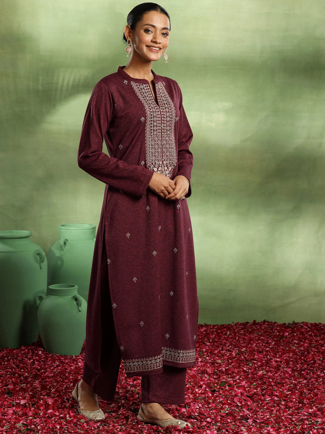  Red Embroidered Wool Blend Straight Suit With Dupatta-wrong color 