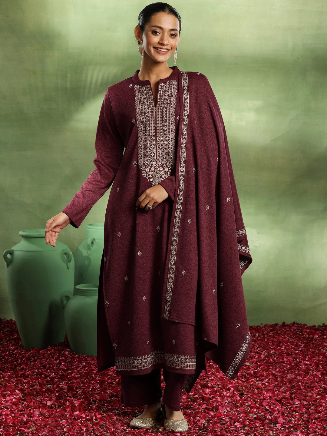  Red Embroidered Wool Blend Straight Suit With Dupatta-wrong color 