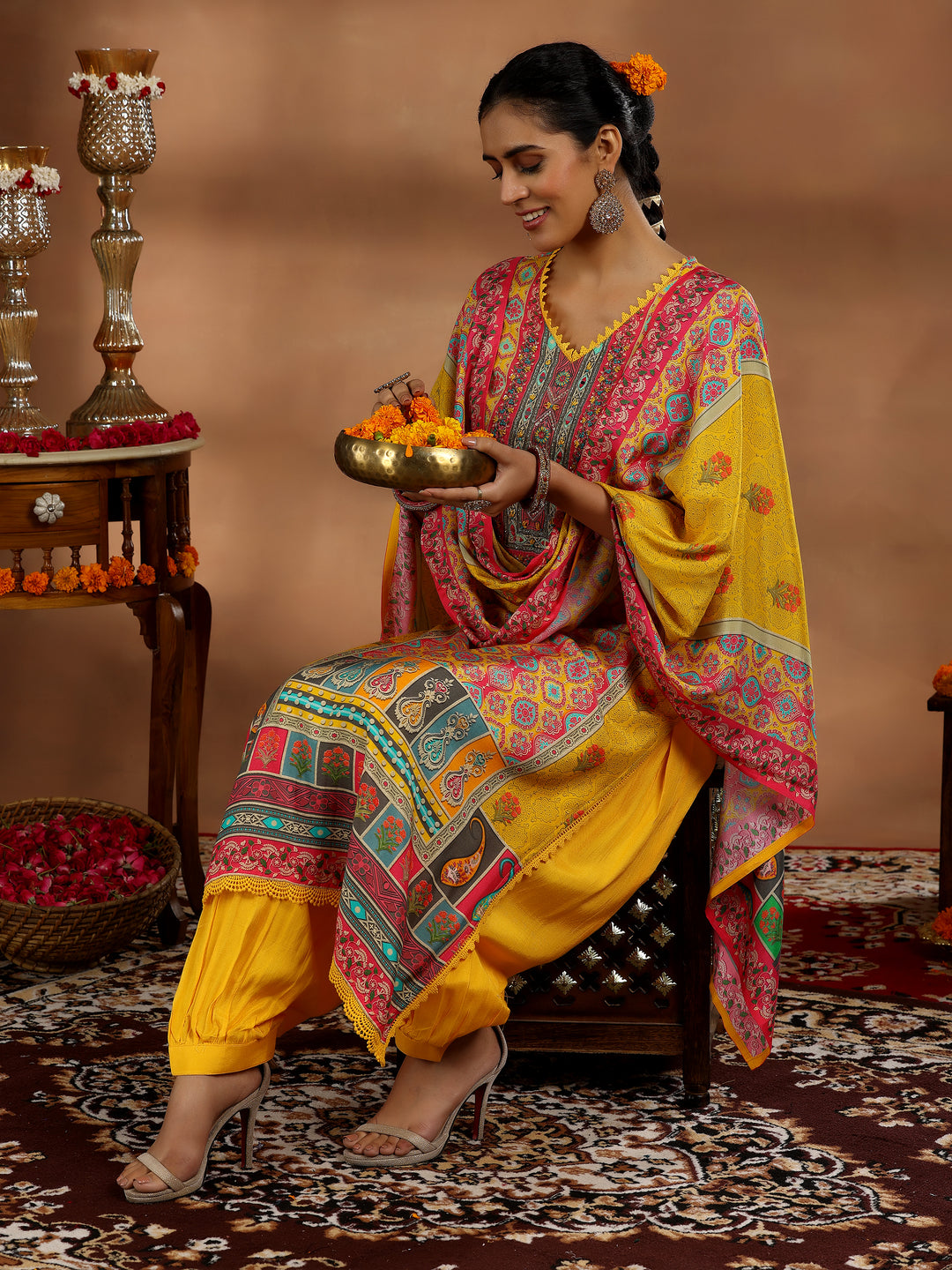 Yellow Printed Silk Blend Straight Suit With Dupatta