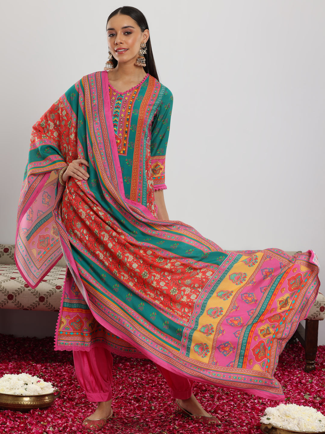 Multi Printed Silk Blend Straight Suit With Dupatta