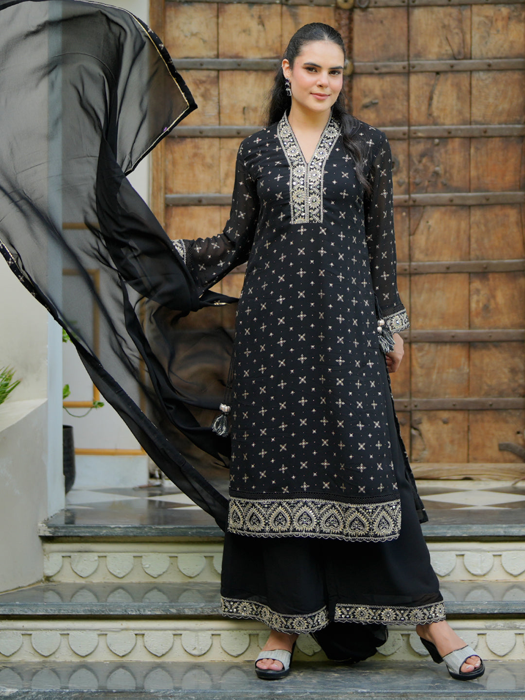 Black Printed Georgette Straight Suit With Dupatta