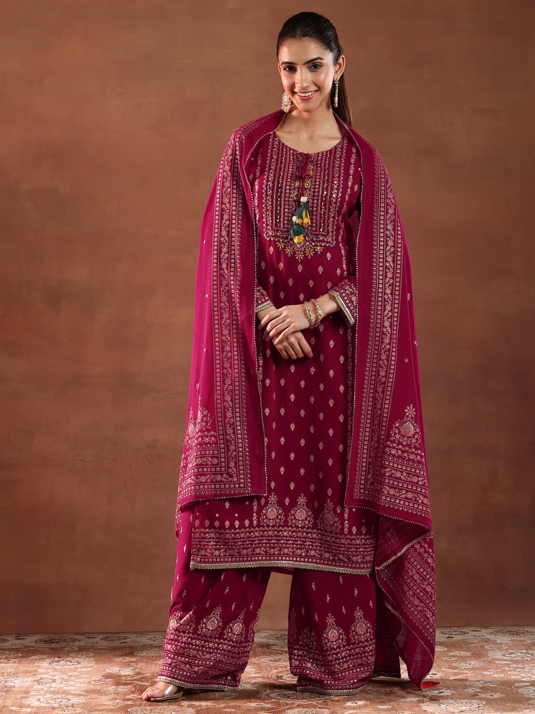  Pink Printed Georgette Straight Suit With Dupatta 