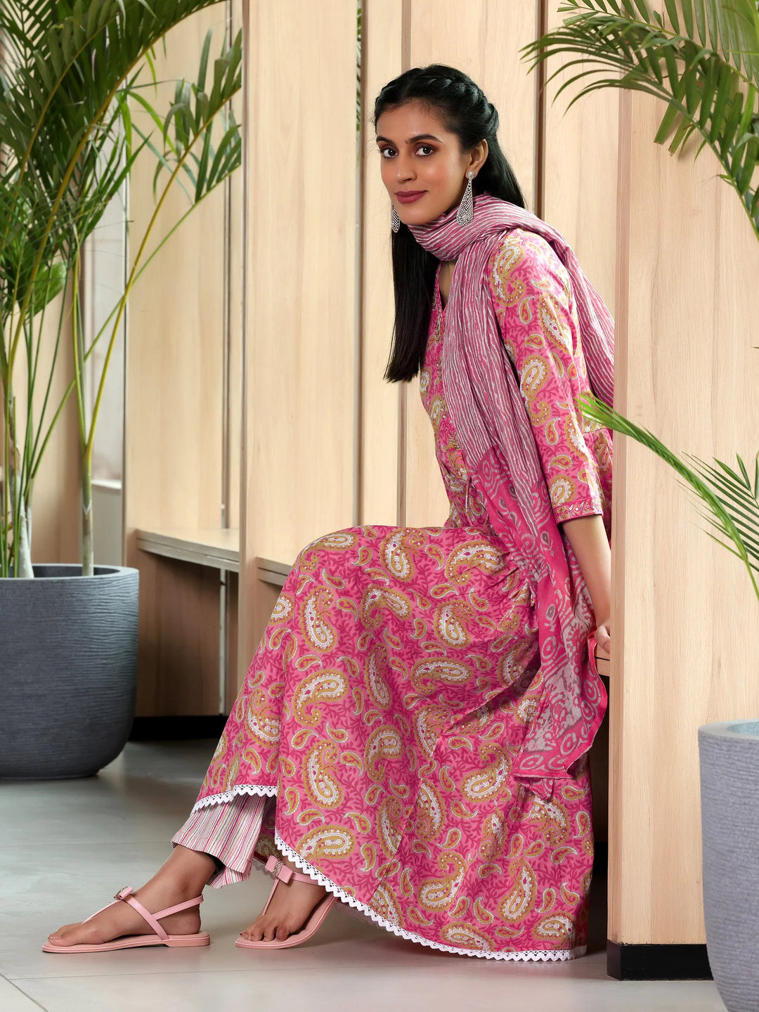 Pink Printed Cotton Anarkali Suit With Dupatta