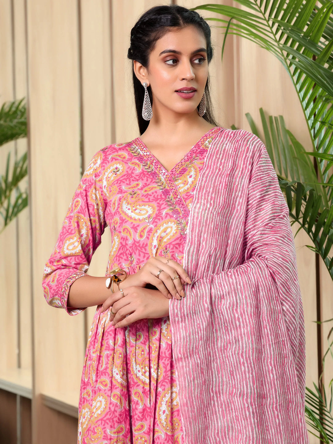  Pink Printed Cotton Anarkali Suit With Dupatta 