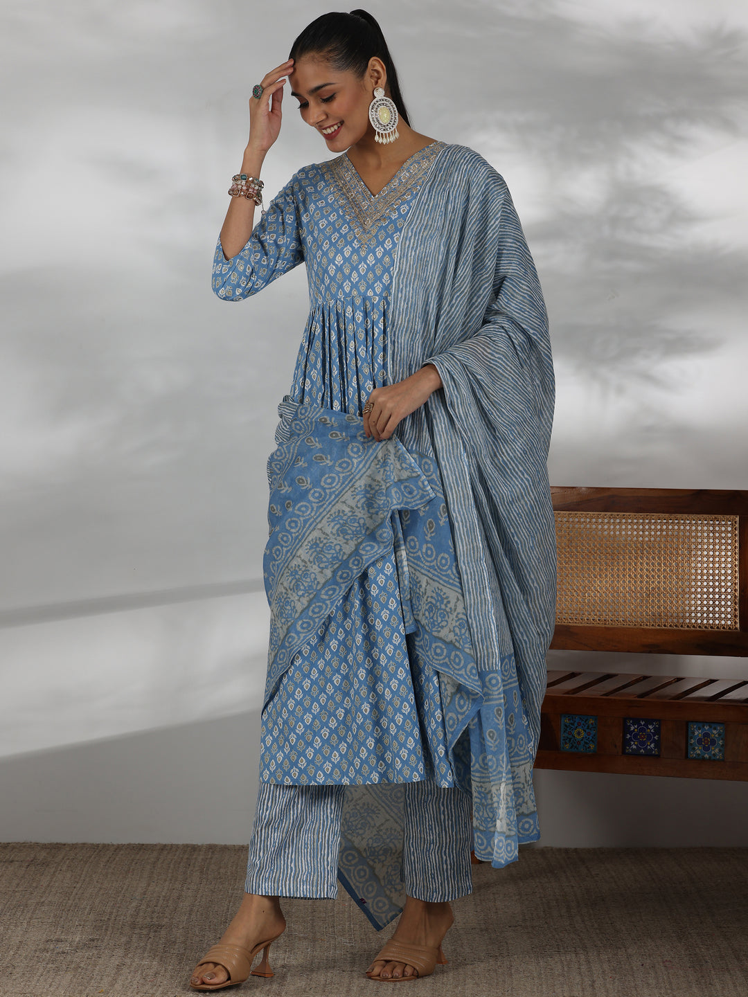  Blue Printed Cotton Anarkali Suit With Dupatta 