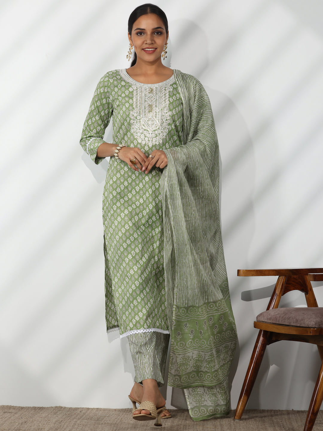 Green Printed Cotton Straight Suit With Dupatta