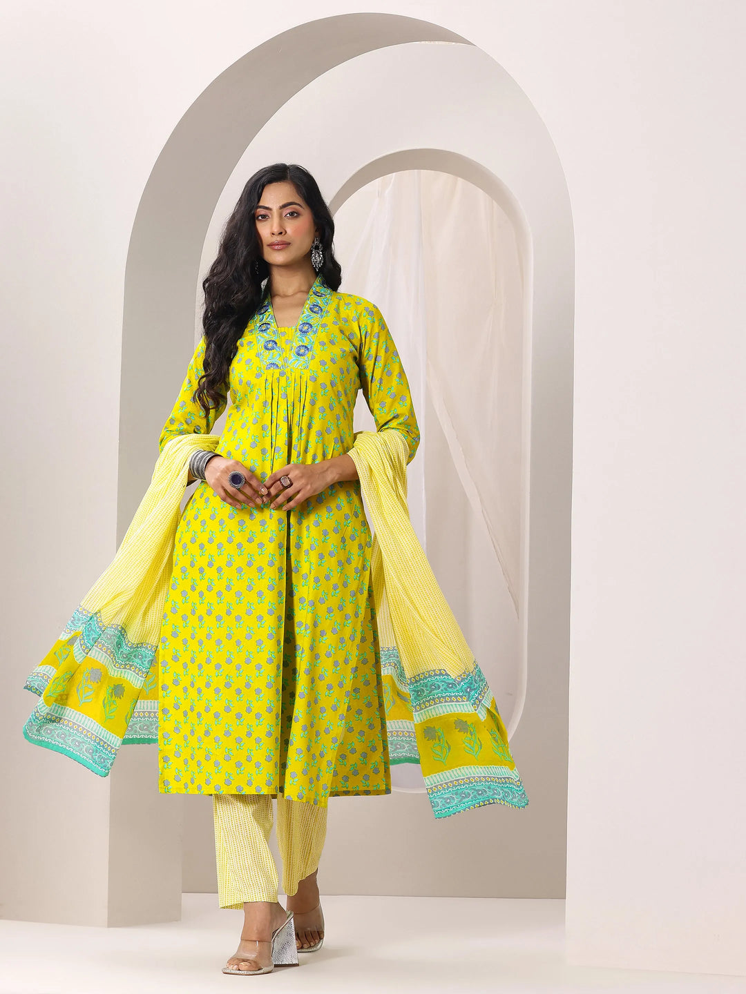  Yellow Printed Cotton Straight Suit Set With Dupatta 