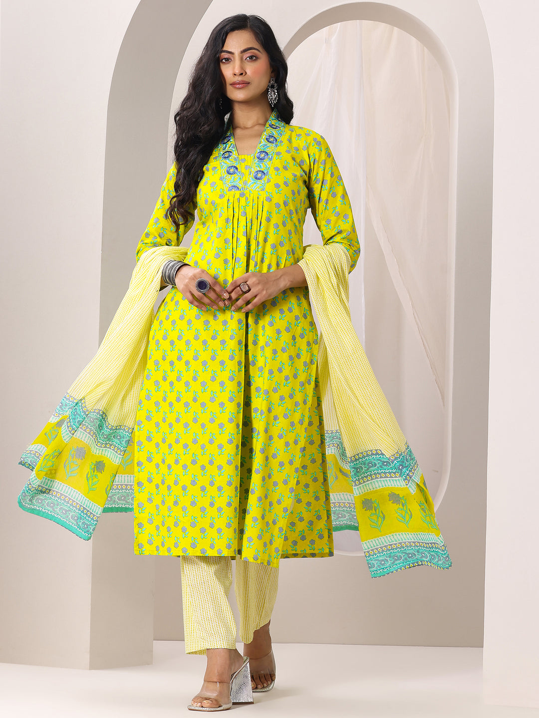  Yellow Printed Cotton Straight Suit Set With Dupatta 