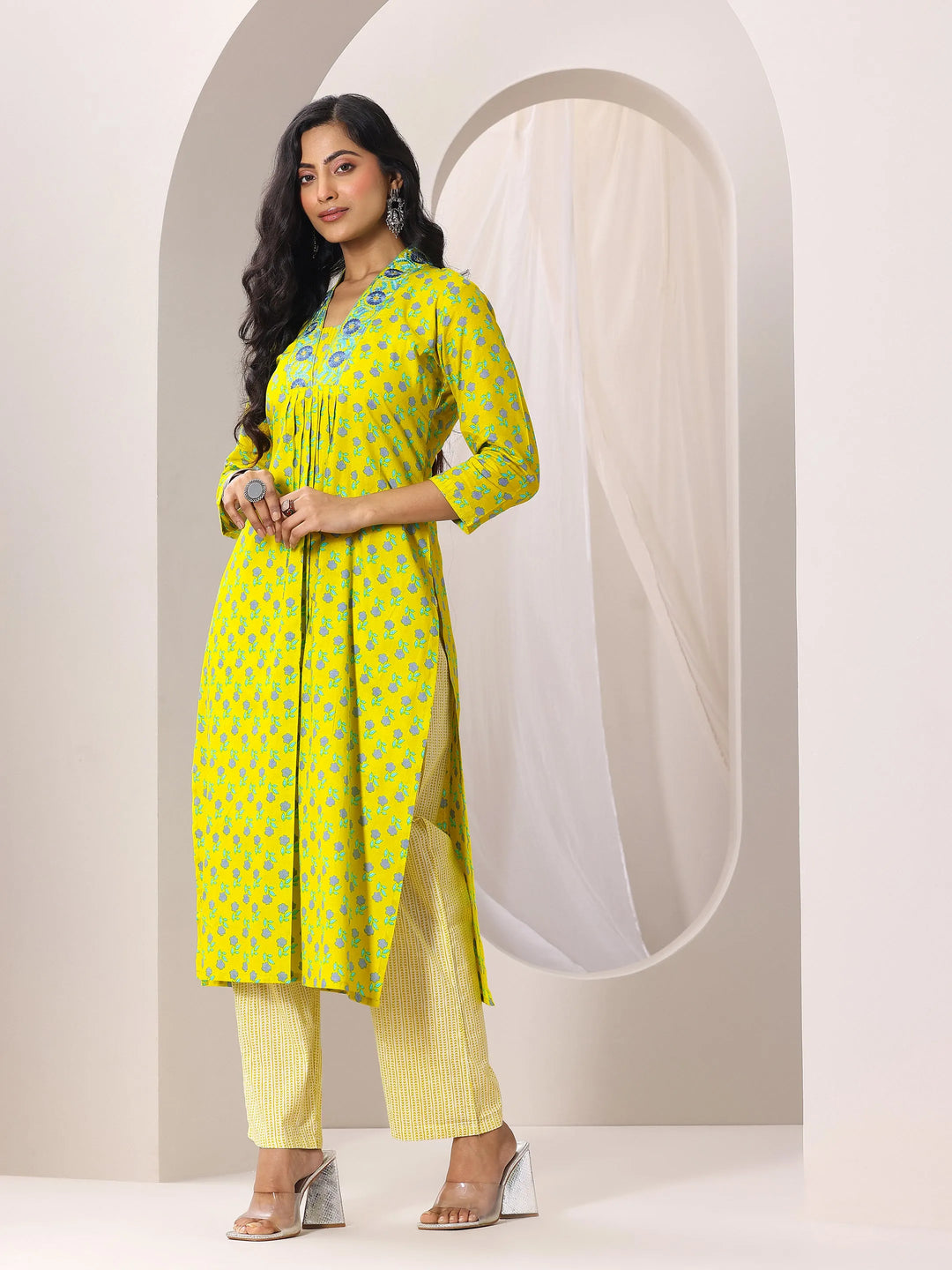  Yellow Printed Cotton Straight Suit Set With Dupatta 