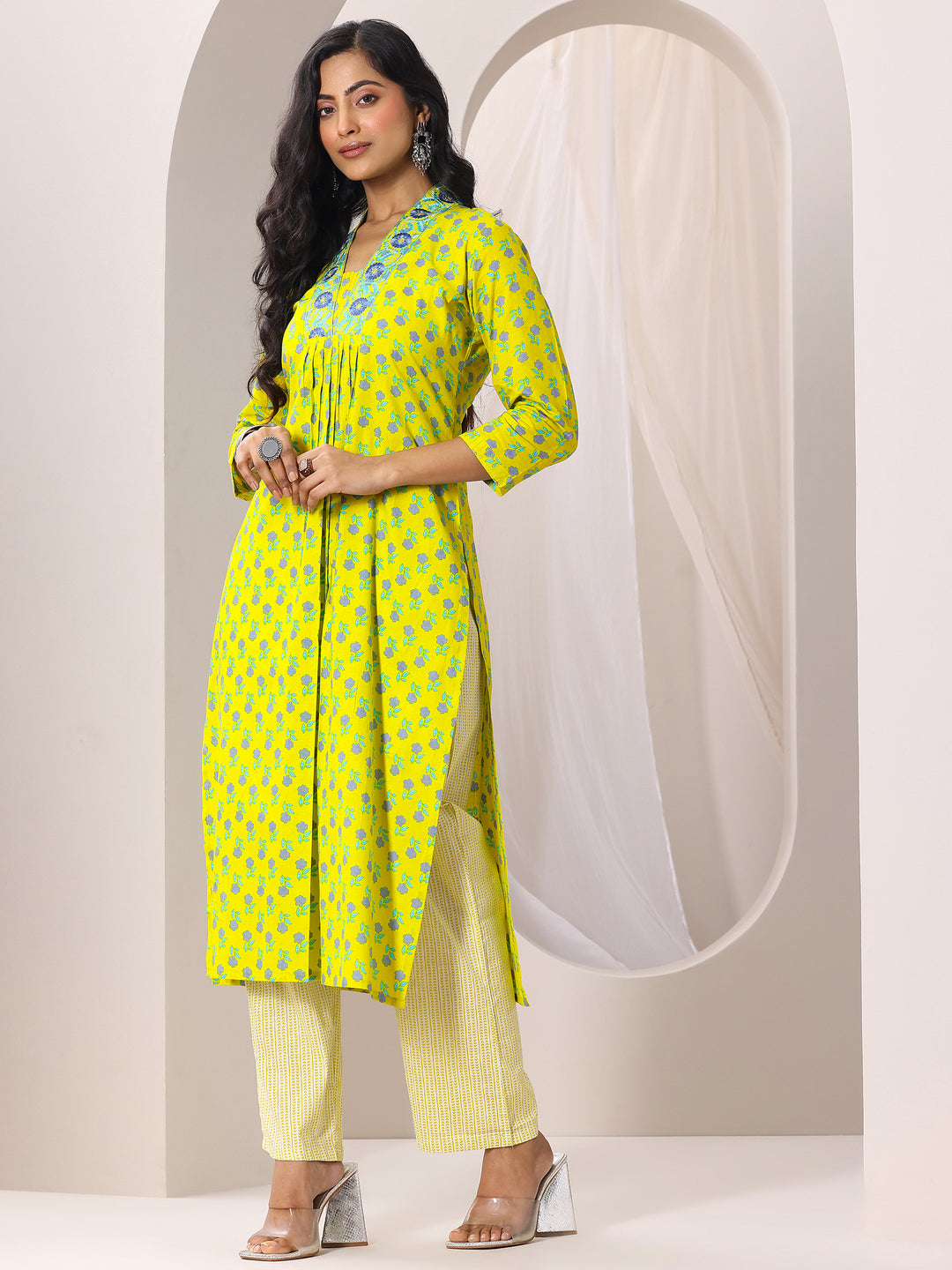  Yellow Printed Cotton Straight Suit Set With Dupatta 