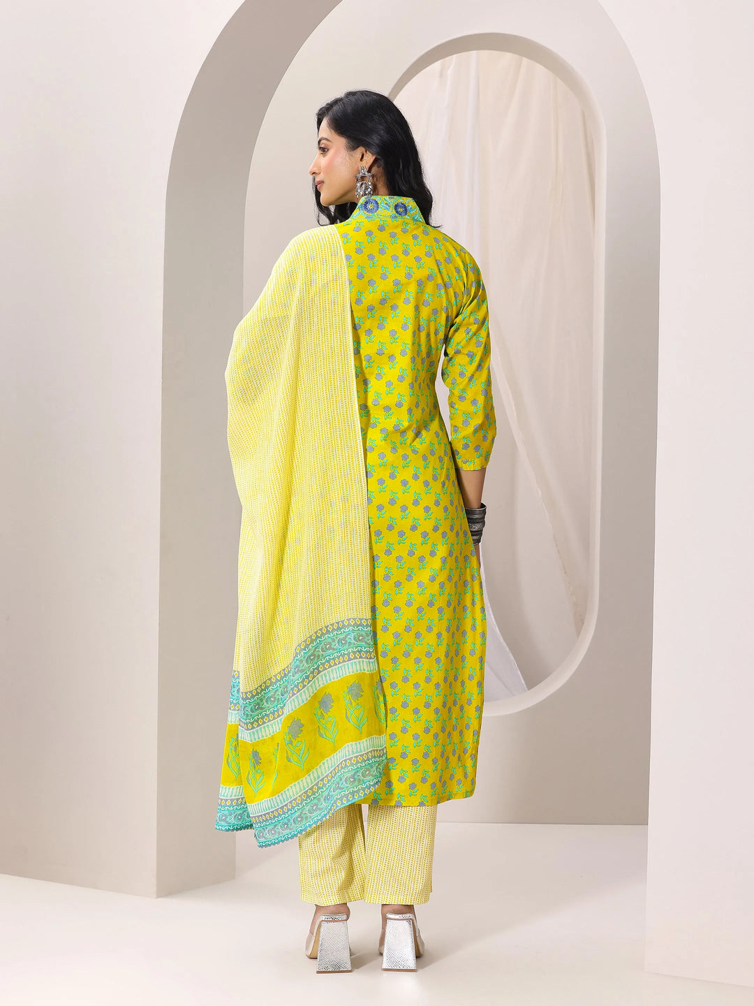  Yellow Printed Cotton Straight Suit Set With Dupatta 