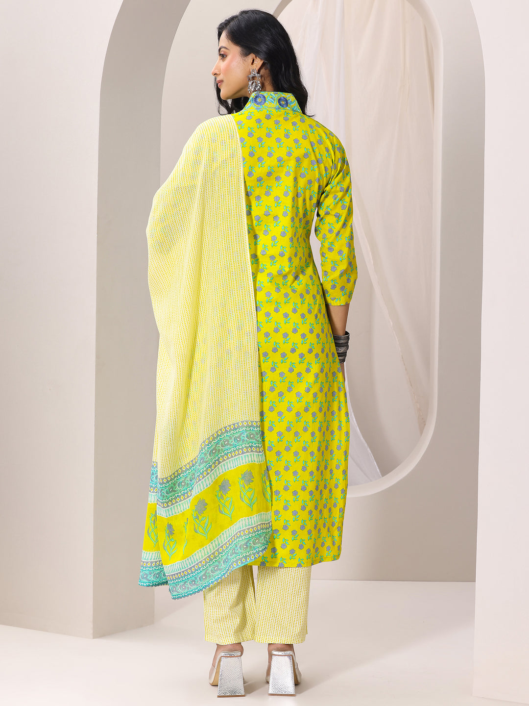  Yellow Printed Cotton Straight Suit Set With Dupatta 