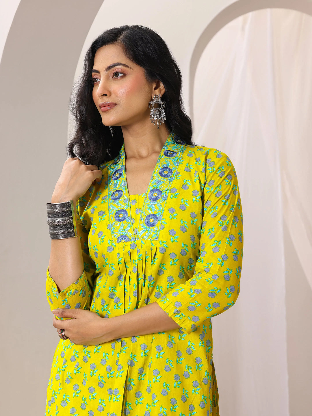  Yellow Printed Cotton Straight Suit Set With Dupatta 