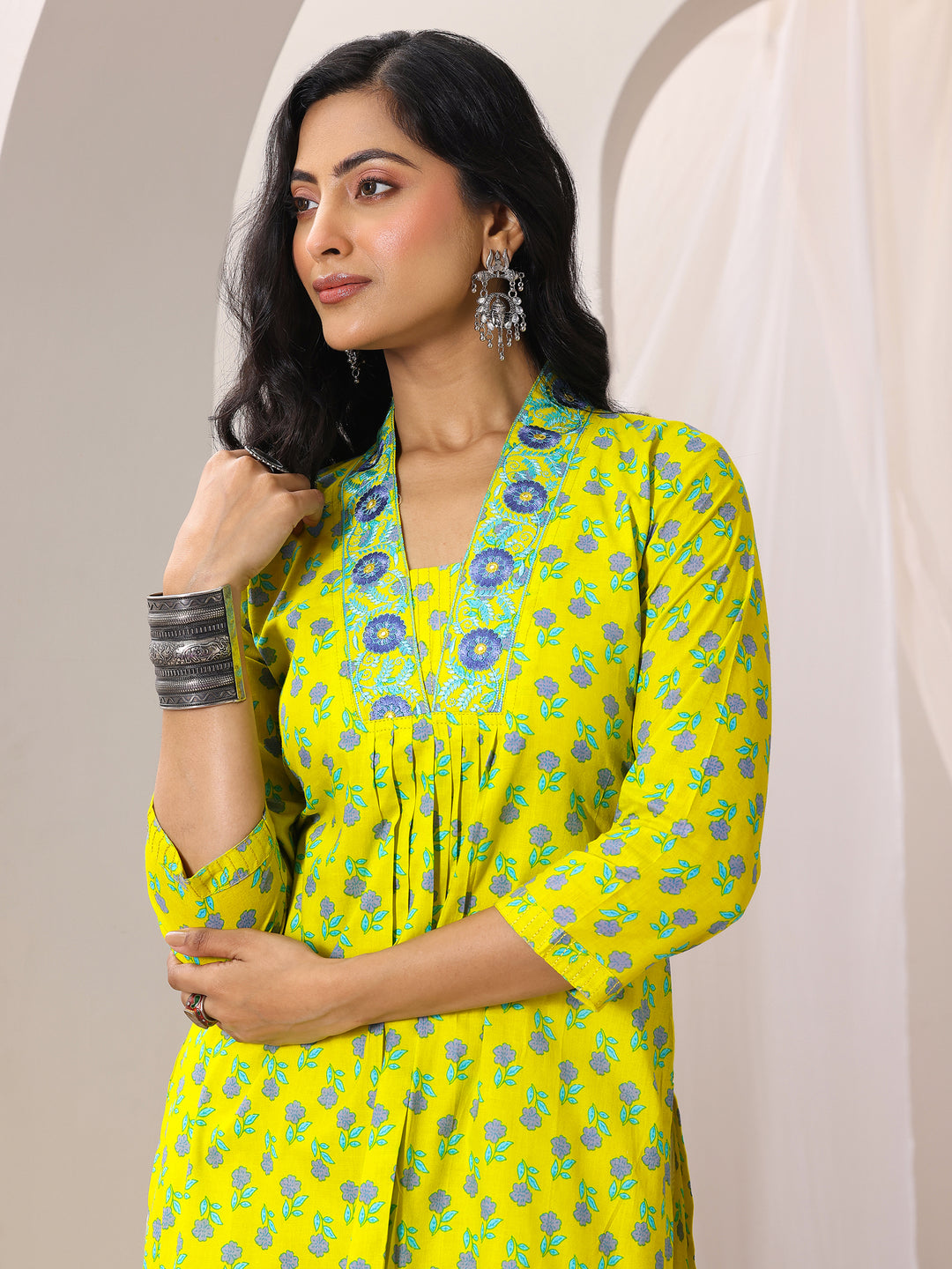  Yellow Printed Cotton Straight Suit Set With Dupatta 