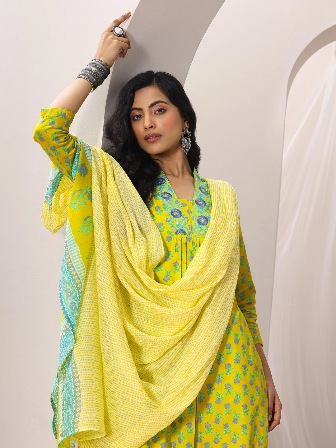  Yellow Printed Cotton Straight Suit Set With Dupatta 