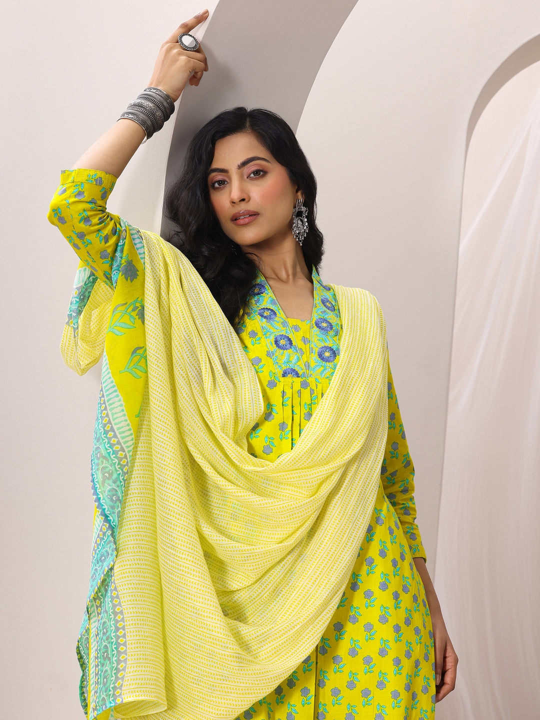 Yellow Printed Cotton Straight Suit Set With Dupatta