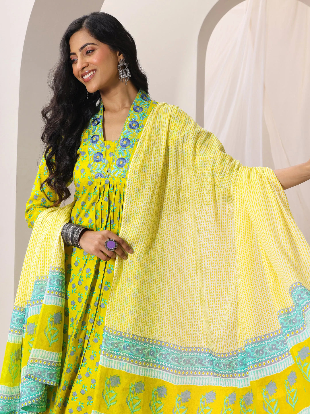  Yellow Printed Cotton Straight Suit Set With Dupatta 