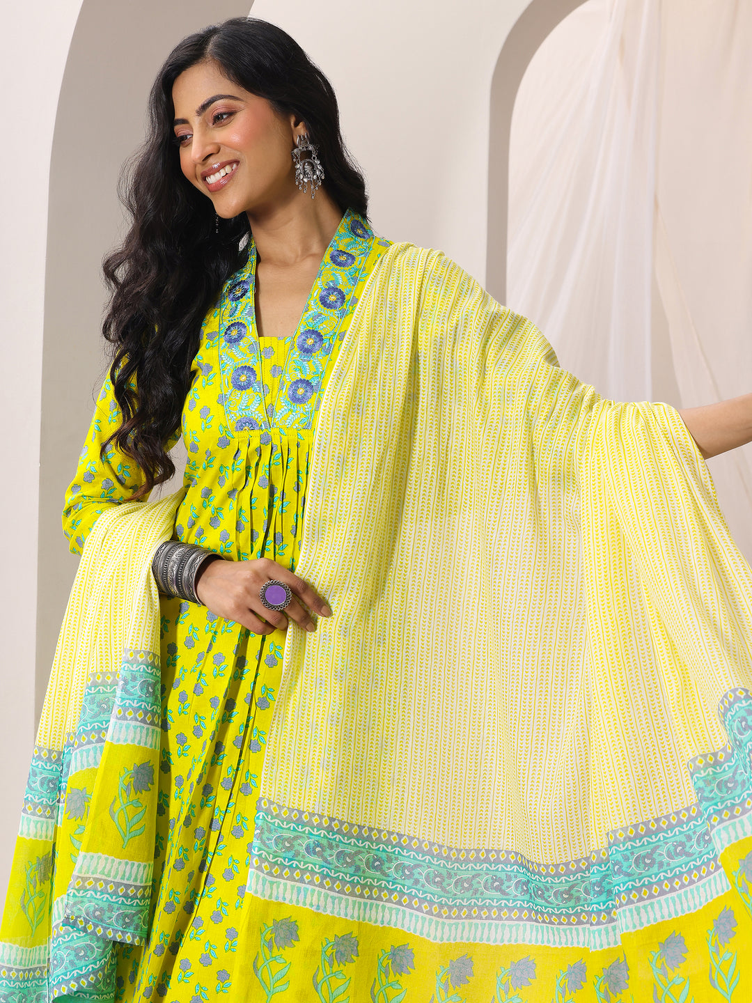  Yellow Printed Cotton Straight Suit Set With Dupatta 