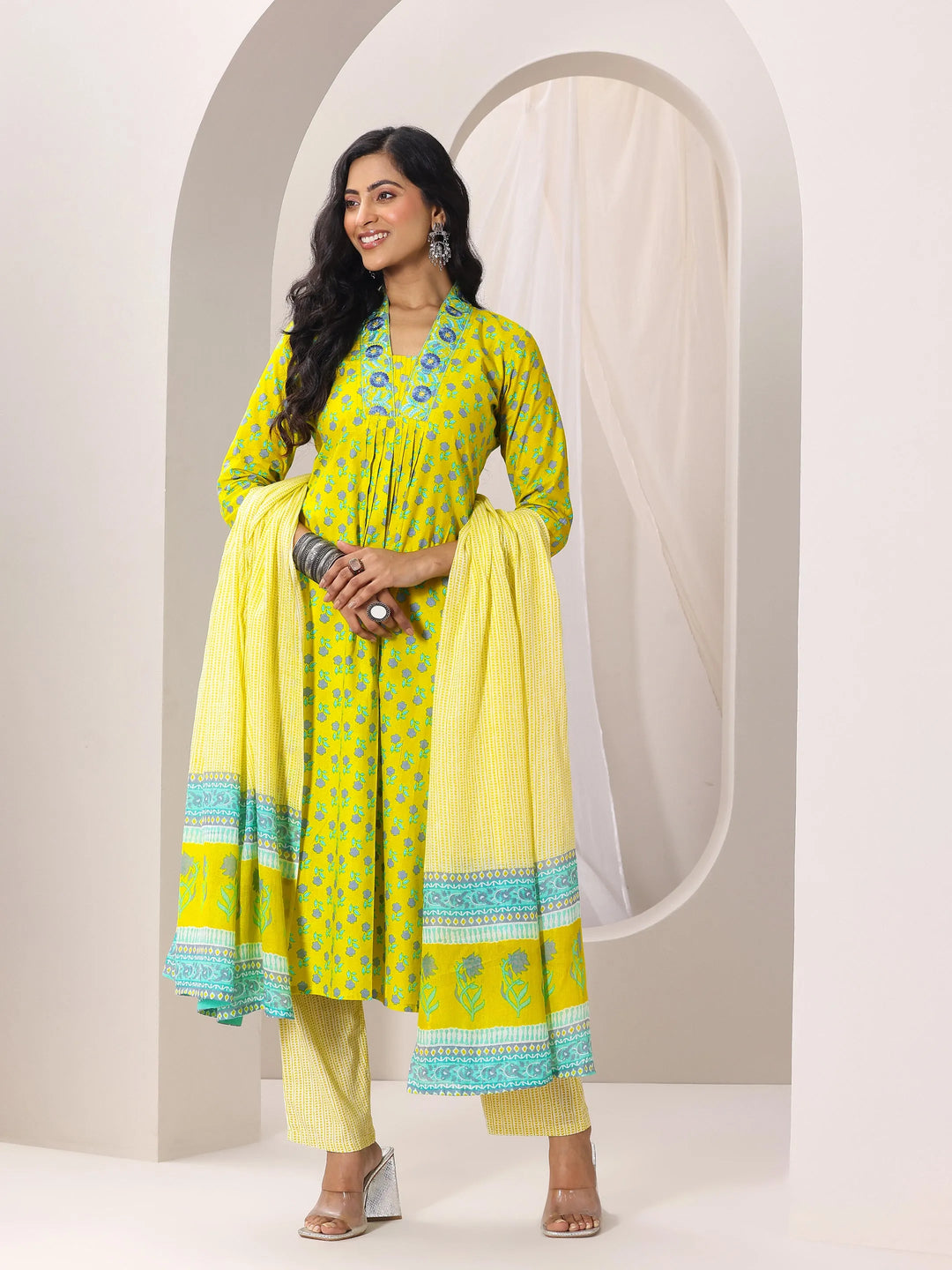  Yellow Printed Cotton Straight Suit Set With Dupatta 