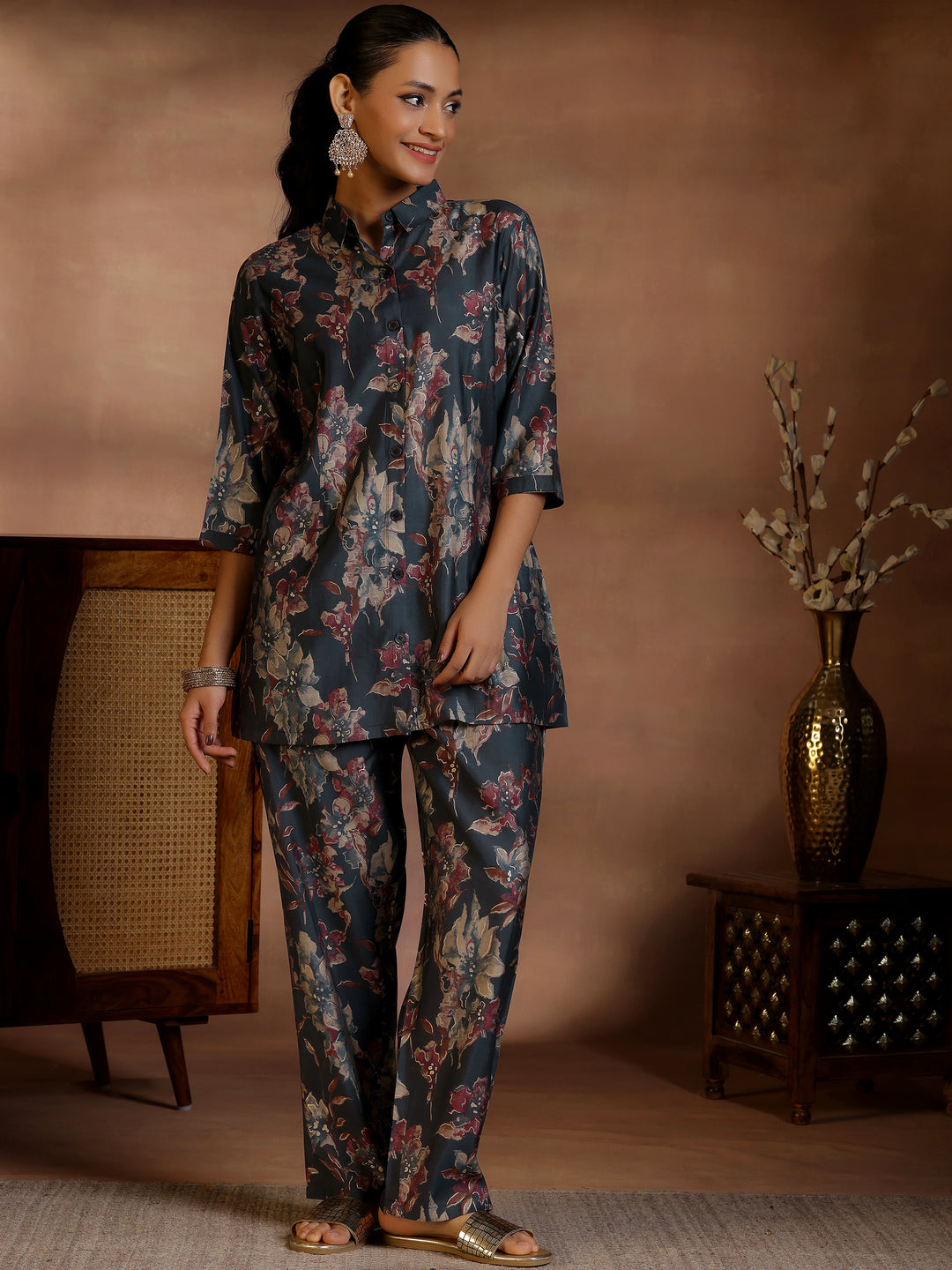  Black Printed Silk Blend Co-Ords 