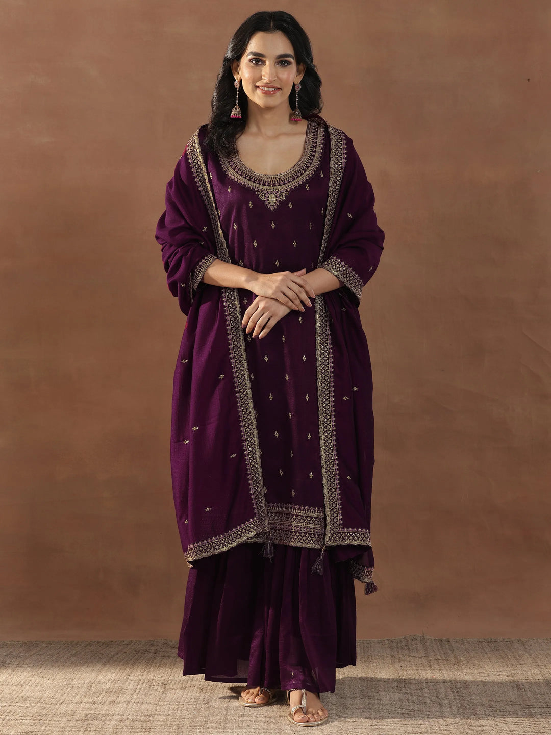  Burgundy Embroidered Silk Blend Straight Suits With Dupatta 