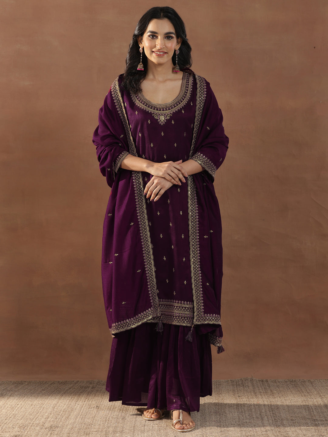  Burgundy Embroidered Silk Blend Straight Sharara Suit Set With Dupatta 