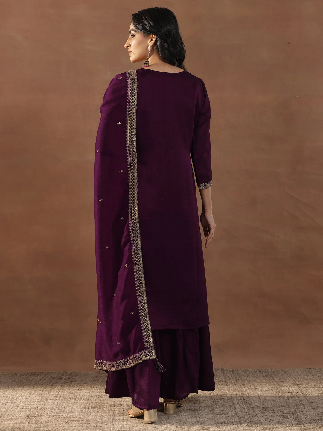  Burgundy Embroidered Silk Blend Straight Suits With Dupatta 