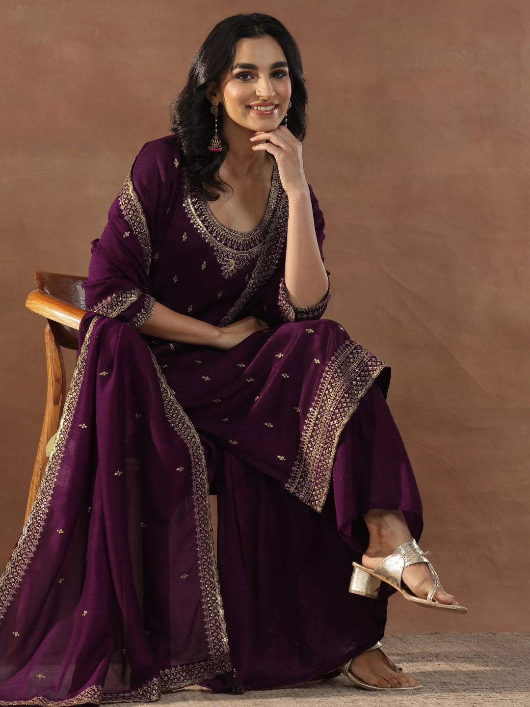  Burgundy Embroidered Silk Blend Straight Suits With Dupatta 