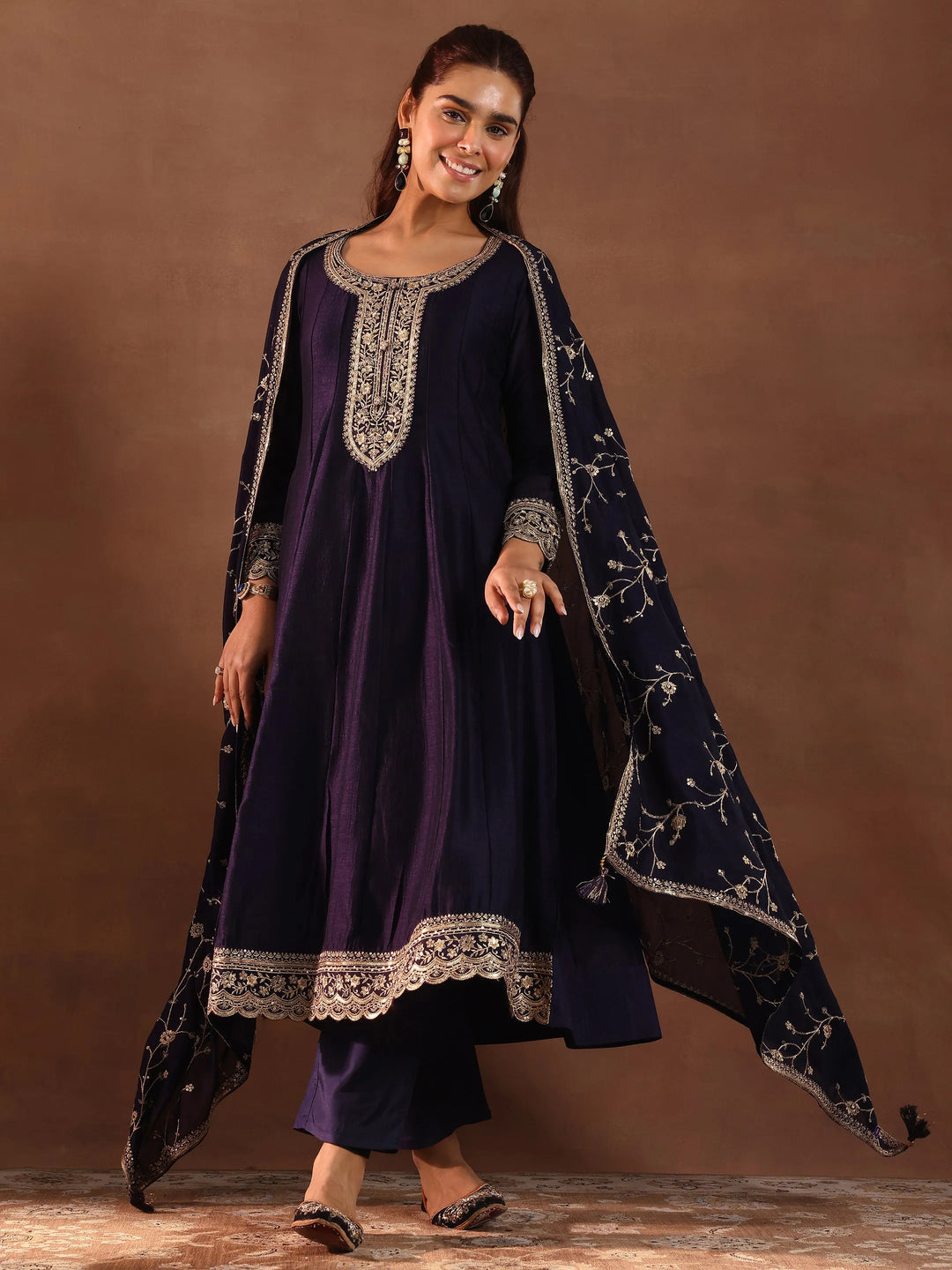  Purple Embroidered Silk Blend Anarkali Suit With Dupatta 