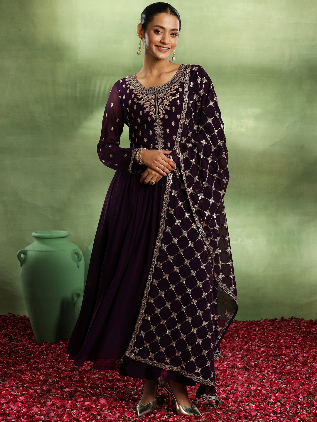 Purple Embroidered Georgette Anarkali Suit With Dupatta