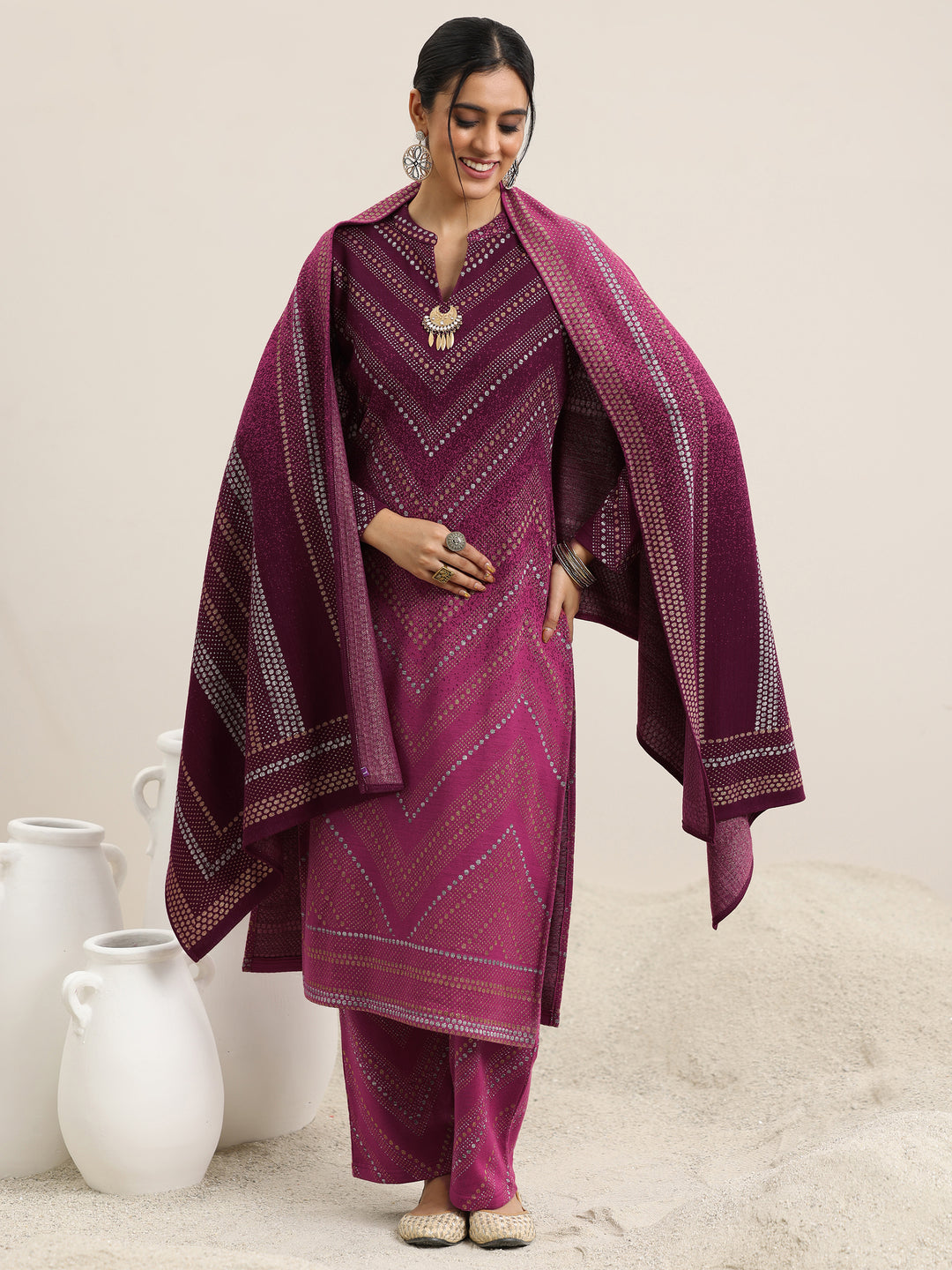  Pink Woven Design Wool Blend Straight Suit With Dupatta 