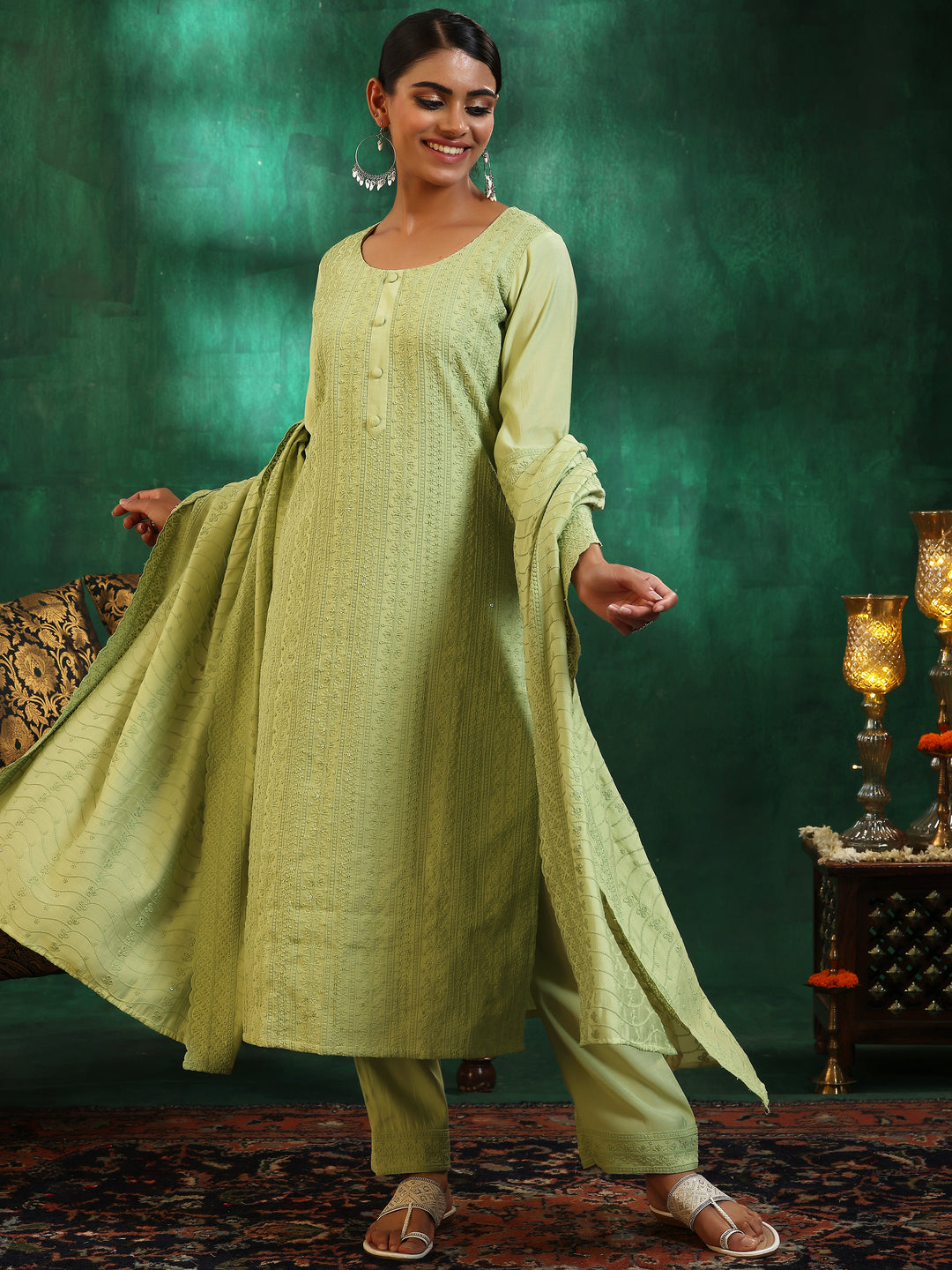  Green Embroidered Silk Blend Straight Suit With Dupatta 