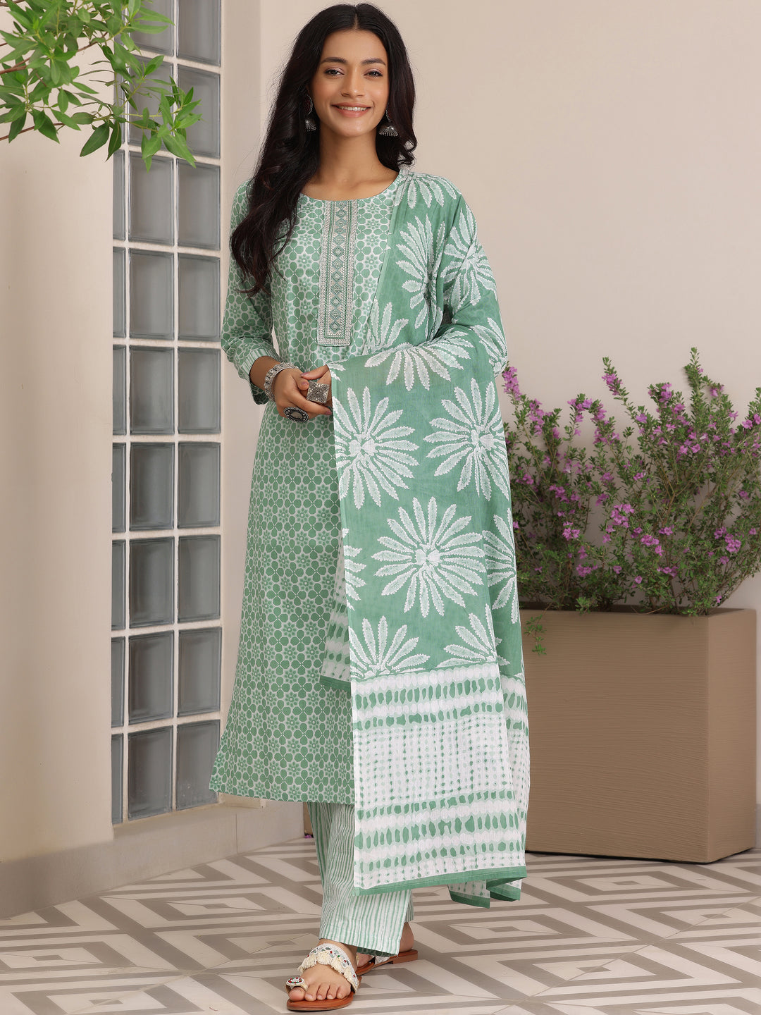  Green Printed Cotton Straight Suit With Dupatta 